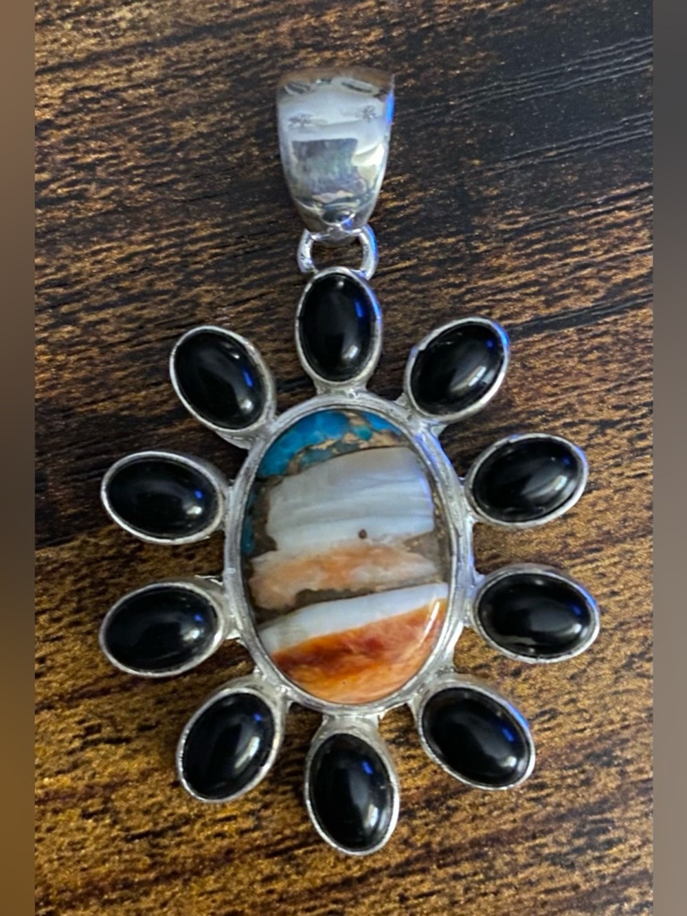 Spiny Oyster and Black Onyx Pendant set in 925 Sterling Silver  P19